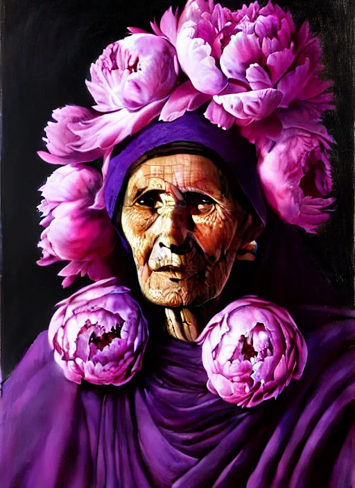 Prompt: portrait of a old woman, tuareg, nomads, many peonies, vultures, dark background, purple colour scheme, full length, masterpiece, dark background, art by caravaggio, artstation