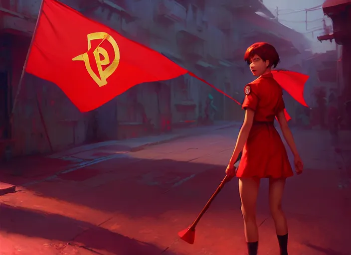 Prompt: glowing girl carrying a red propaganda flag walking through poor district, DSLR 85mm, by Craig Mullins, ilya kuvshinov, krenz cushart, artgerm, Unreal Engine 5, Lumen, Nanite