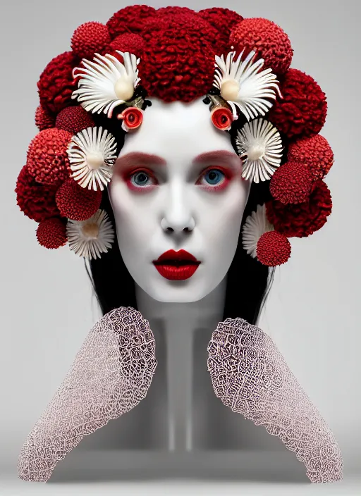 Prompt: beautiful porcelain ivory woman elegant red plump lips biomechanical cyborg, beautiful fair face, iris van herpin, elegant haute couture, black intricate details, laser cut mesh, headdress with daisies, colorful puffballs, mushrooms, rhizomorphs, brackets, fractal sponge corals, magnesium, hyper detailed, ultra sharp, soft light, 8 k, uhd