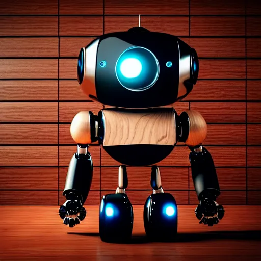 Image similar to a cute little robot in wood. super realistic 8 k render of a dark hooded powerful elegant, cinematic composition