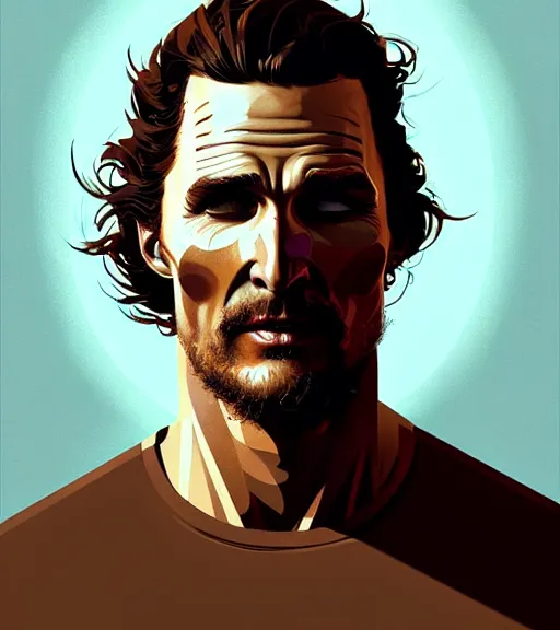 Image similar to portrait of beautiful warrior matthew mcconaughey, by atey ghailan, by greg rutkowski, by greg tocchini, by james gilleard, by joe fenton, by kaethe butcher, dynamic lighting, gradient light blue, brown, blonde cream and white color scheme, grunge aesthetic