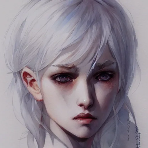 Prompt: white haired girl, heterochromia, artstation, watercolor, highly detailed, portrait, by krenz cushart