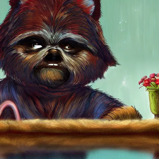 Prompt: ewok watching a movie from his bed, digital art, colourful