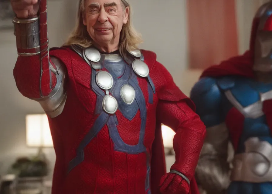 Prompt: mr rogers as thor in a marvel movie, close - up, cinematic, 4 0 mm f / 2. 8, anamorphic