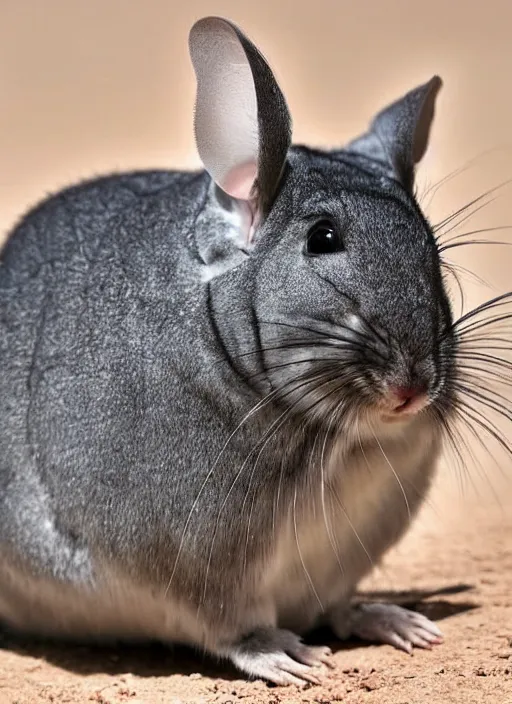 Image similar to chinchilla with strong, muscular body. big and fluffy rodent man. desert survivor.