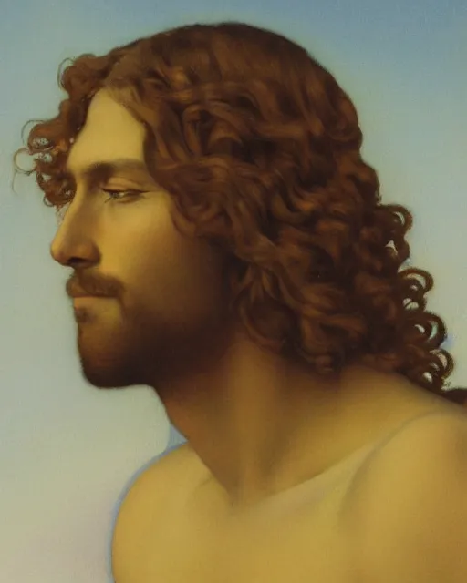 Prompt: realistic portrait of jesus christ, detailed art by maxfield parrish and jessie willcox smith, illustration style, brandywine school, acrylic paints