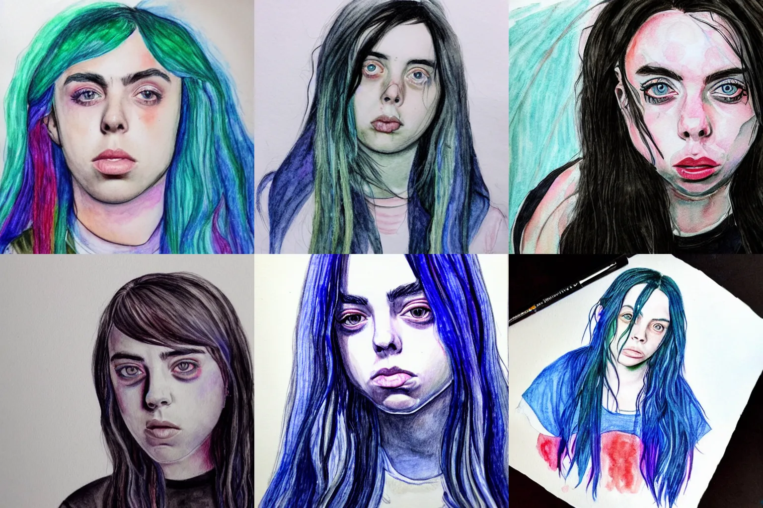 Prompt: Billie Eilish drawn by a child with watercolor