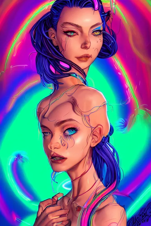 Image similar to a award winning portrait of a beautiful woman with stunning eyes in a one off shoulder croptop and cargo pants with rainbow colored hair, outlined by whirling illuminated neon lines and fine lines swirling in circles by jesper ejsing, digital art, trending on artstation