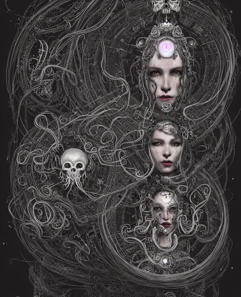 Image similar to queen of death. intricate portrait, occult cyberpunk, ancient futuristic, dark art, occult. intricate biomechanical, bioluminescent halo around head, mandala ornament, cybernetic glowing jellyfish, tentacles, by Petros Afshar, by artgerm, by Eddie Mendoza, by Peter mohrbacher by tooth wu, unreal engine, octane render, cinematic light, high details, iridescent colors
