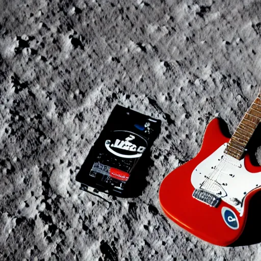 Image similar to photo of an idle electric guitar and an idle beer can next to one another on the moon surface. realistic