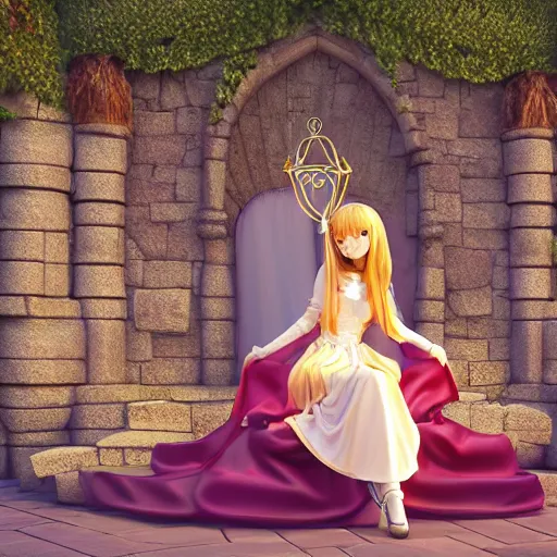 Image similar to a pleasant, beautiful, funny, smooth 3D CG render, semirealistic anime style, a noble priestess magician princess girl wearing dress and jewelry, in a glorious magic kingdom with castle and walls, relaxing calm vibes, fairytale