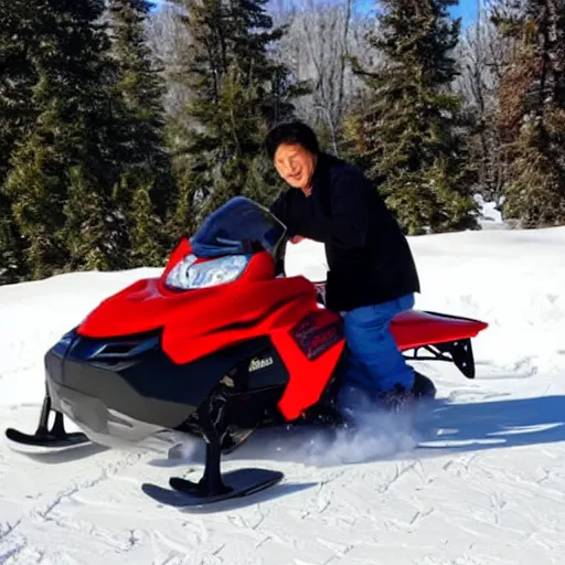 Prompt: jackie chan on a snowmobile