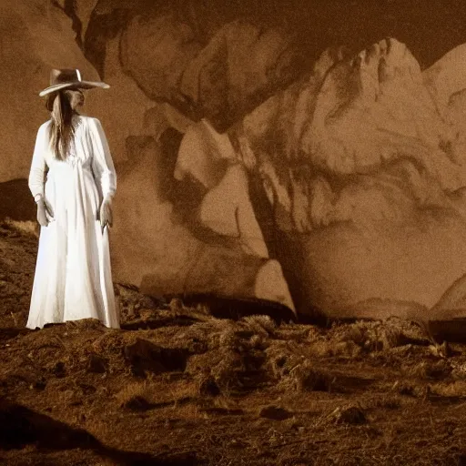 Prompt: photo, a woman in a giant flowing white dress standing in front of the projection of a vintage cowboy movie, standing inside a dark western rocky scenic landscape, volumetric lighting