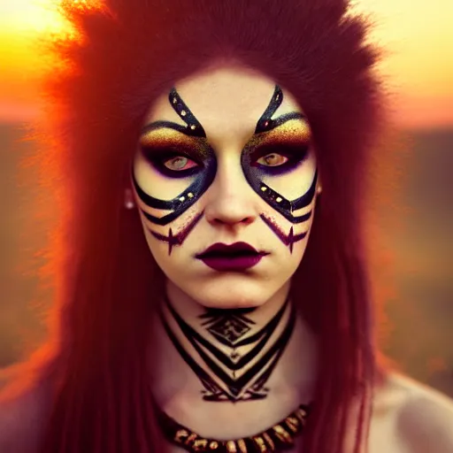 Image similar to photographic portrait of a stunningly beautiful renaissance female with tribal emo makeup in soft dreamy light at sunset, contemporary fashion shoot, by edward robert hughes, annie leibovitz and steve mccurry, david lazar, jimmy nelsson, breathtaking, 8 k resolution, extremely detailed, beautiful, establishing shot, artistic, hyperrealistic, beautiful face, octane render