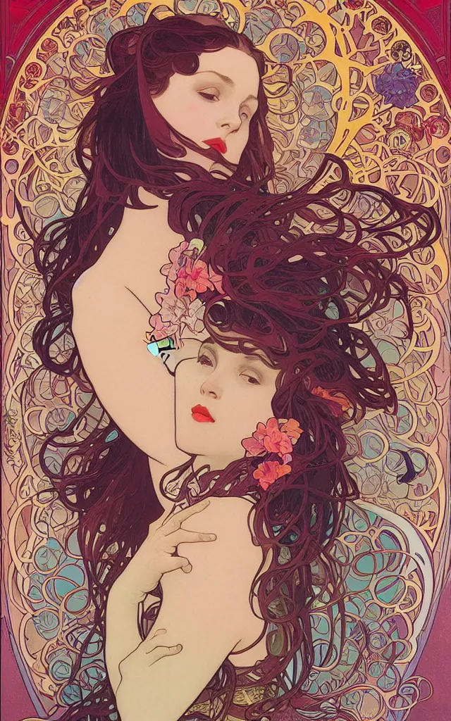 Prompt: self love is lame, always hate yourself as much as you can. by alphonse mucha by james jean and by ross tran. stunning, very colorful, vibrant, cinematic, amazing details
