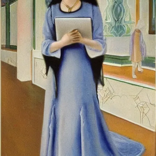 Image similar to a photo of a 2 1 st century jugendstil dress worn by a woman with ipad