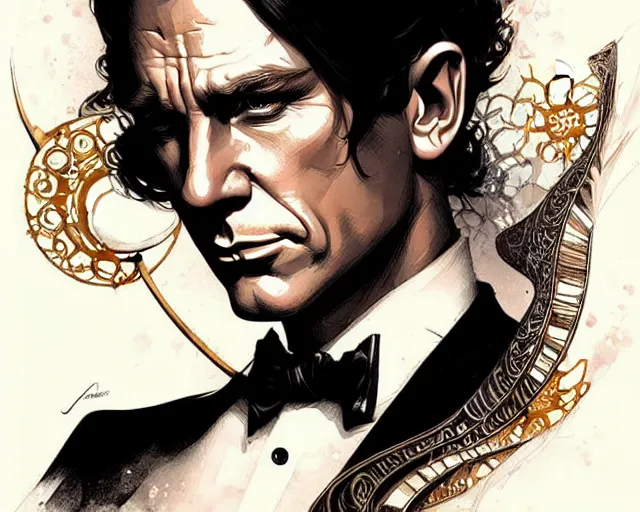 Image similar to James Bond, art nouveau, fantasy, intricate science designs, elegant, highly detailed, sharp focus, art by Artgerm and Greg Rutkowski and WLOP