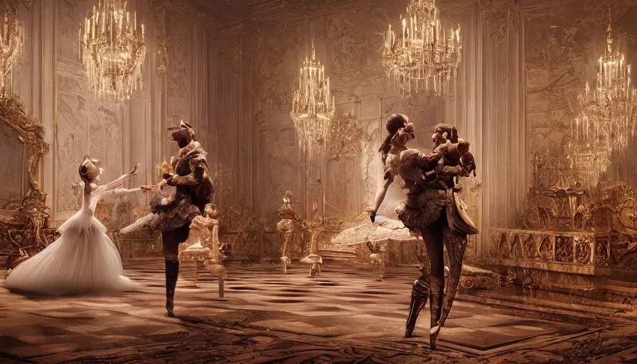 Image similar to the nutcracker and the ballerina dancing in an intricate detailed baroque room in the style of dark souls game series, hyperrealistic, breathtaking, octane render, epic composition, high resolution, Charlie Bowater, Tom Bagshaw, Norman Rockwell, insanely detailed and intricate, trending on artstation, masterpiece, 8k