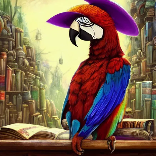 Image similar to Anthropomorphized parrot trader in his shop, shelves full, books, selling a gem, portrait, items, magic potions, carpet, window, fancy funny hat, sly expression , cunning expression, cute expression, presenting magic gem, D&D, fantasy, cinematic lighting, highly detailed, digital painting, artstation, concept art, smooth, sharp focus, illustration, warm light, cozy warm tint, magic the gathering artwork, volumetric lighting, 8k, no gold, no gold colours, art by Akihiko Yoshida, Greg Rutkowski