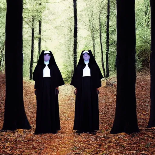 Image similar to award winning photo Floating twin nuns faces like dogs, wearing translucent habits Very long arms, in a forest, eerie, frightening —width 1024 —height 1024