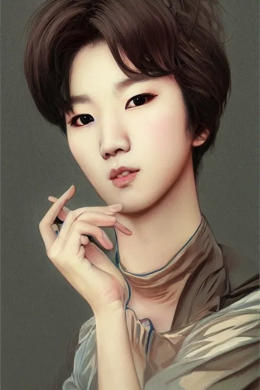 Image similar to portrait of kpop idol, expressive pose, lively expression, a pastel by chip zdarsky, trending on pinterest, mingei, full body, stylish, intricate, elegant, rose tones, highly detailed, digital painting, artstation, concept art, smooth, sharp focus, illustration, art by artgerm and greg rutkowski and alphonse mucha