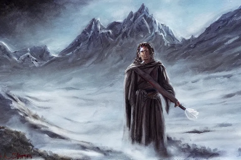 Image similar to concept art, mood painting, environment painting, rohan man holding white flower looking at flower large field autumn october snow capped mountains in background lord of the rings lotr. style of, ryan church, jon mccoy, george hull, painting