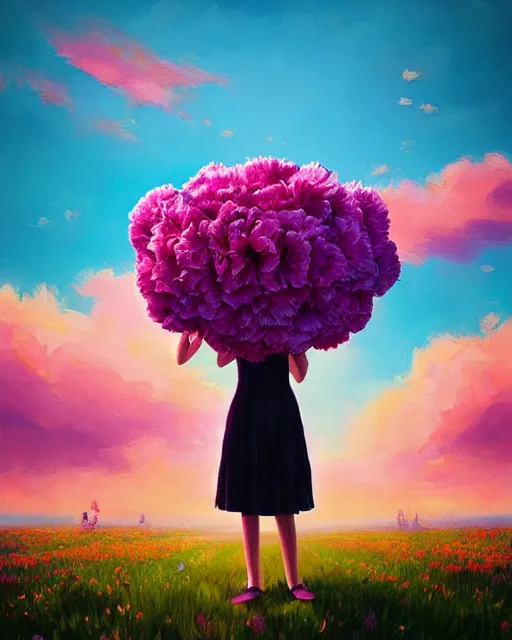 Image similar to girl with a giant carnation head, surreal photography, flower field, sunset dramatic light, impressionist painting, colorful clouds, blue sky, digital painting, artstation, simon stalenhag