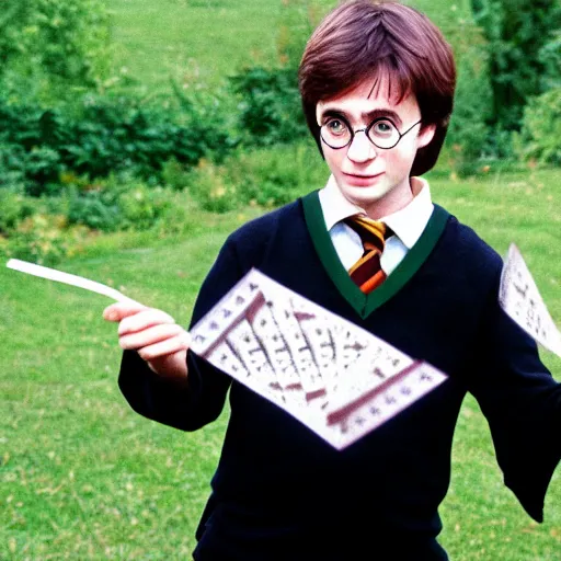 Prompt: Harry Potter’s less talented cousin Larry Potter doing a magic trick