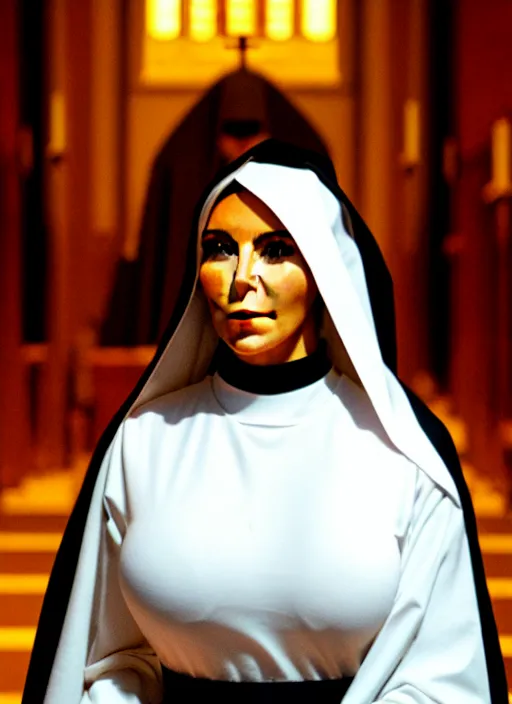 Image similar to a film still of kim kardashian as a nun with her bust slightly exposed. backround : church interior