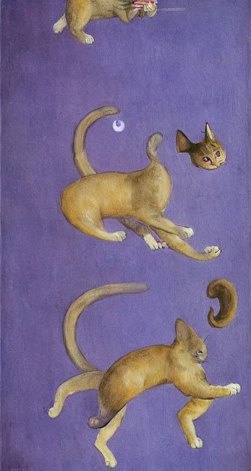 Image similar to bosch painting of a flying cat with purple eyes