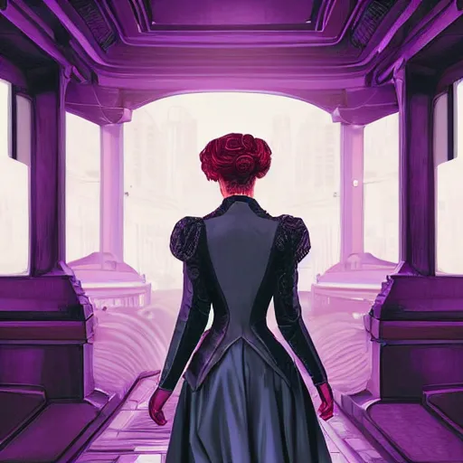 Prompt: portrait of a victorian lady in a futuristic city, from behind, streets, beautiful, purple, highly detailed, digital painting