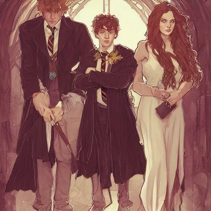 Image similar to harry, hermione and ron during their first year at hogwarts by artgerm, greg rutkowski, alphonse mucha