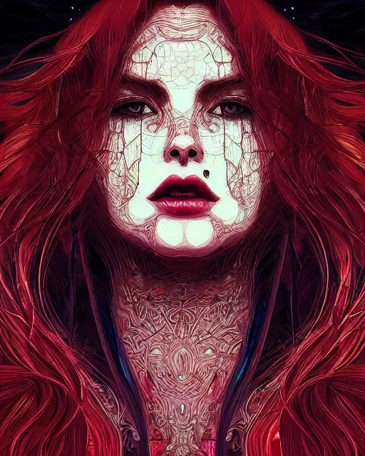 Prompt: glitch art close up portrait intense vampire, flowing hair, glitches, highly detailed, very intricate, graphical errors, art deco, glitch, chromatic aberration, harsh lighting, award - winning, unreal engine 5, illustration by mandy jurgens and alphonse mucha and alena aenami, black and red only!!!, featured on artstation