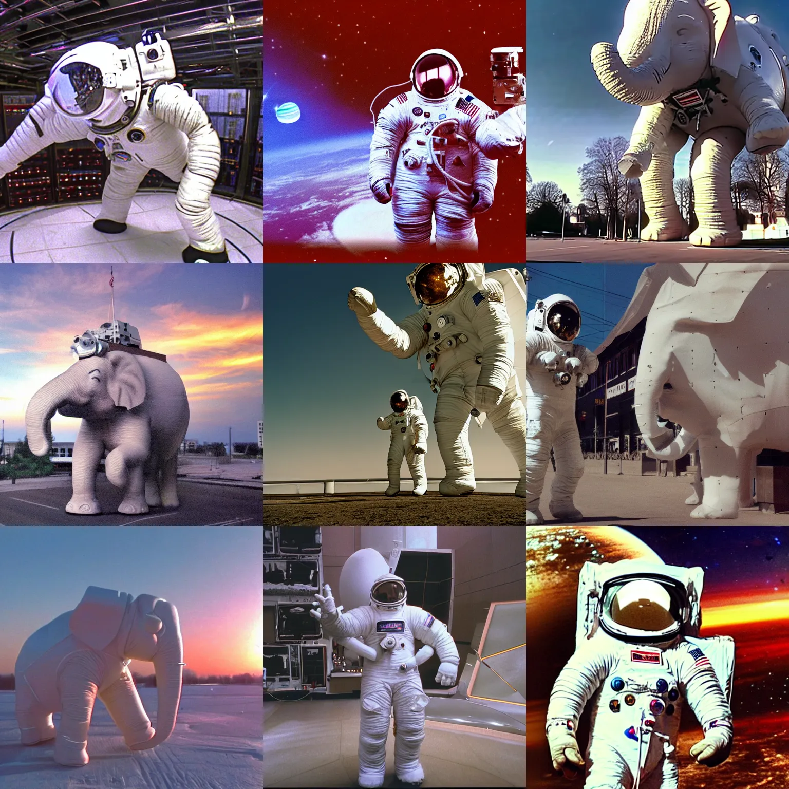 Prompt: vhas footage with data in corner, giant elephant wearing white custom made american spacesuit with oversized giant helmet as astronaut animal, in legnica, sunrise, by vhs camcoder