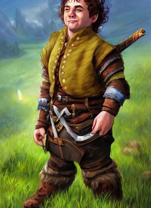 Image similar to A fantasy comic book roleplaying game style portrait painting of a halfling fighter on a beautiful meadow, DAZ, hyperrealistic, ambient light, dynamic light