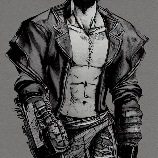 Image similar to concept art character, very high angle view, book cover, very attractive man with beard, walking in cyberpunk valley highly detailed full body, strong masculine features, sturdy body, command presence, royalty, smooth, sharp focus, organic, appealing, book cover, deep shadows, by Dave McKean, borderlands 3, sketch lineart for character design