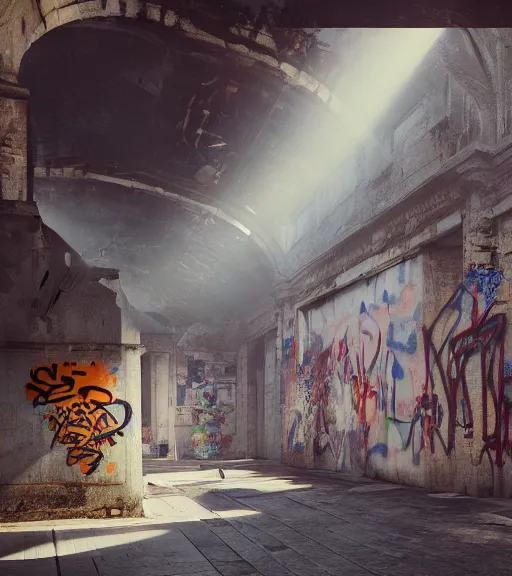 Prompt: cupule of museum full of graffitis, ancient atmosphere, trending on artstation, behance, octane render, award winning, archviz, matte painting, sunrays, ethereal, masterpiece, epic