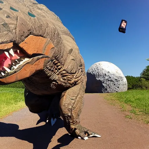 Prompt: photo of T-rex taking a selfie with asteroid in background