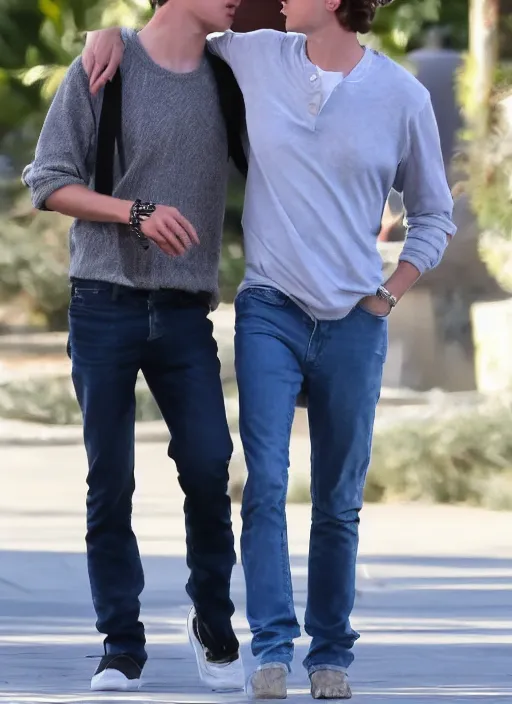 Image similar to photo of Timothee Chalamet kissing boyfriend Armie Hammer in LA