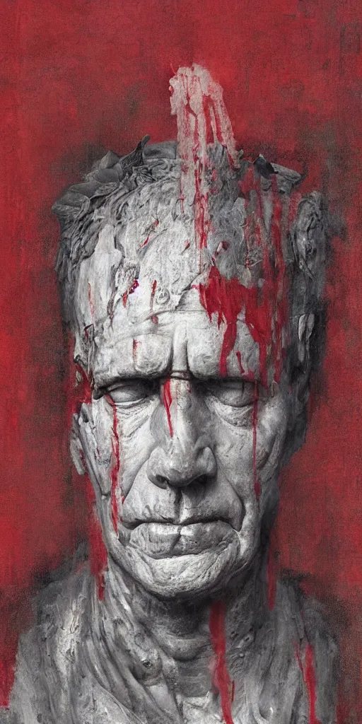 Image similar to the end is near. a tired julius caesar is sitting on his throne. face is highly detailed. splices of red are running down his toga. mist. color scheme red. low angle medium shot. imagined by jeremy lipking