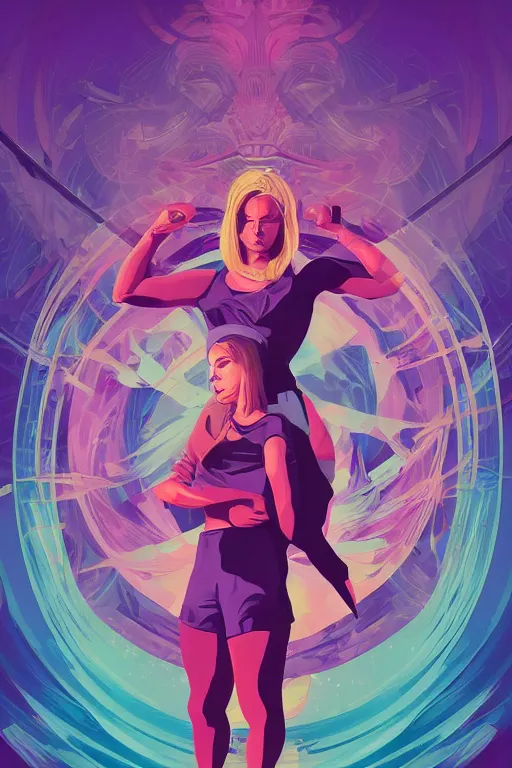 Image similar to a blonde woman mma fighter stands in fighting pose, a shadowy man towers behind her, purple and blue palette, tristan eaton, victo ngai, artgerm, rhads, ross draws