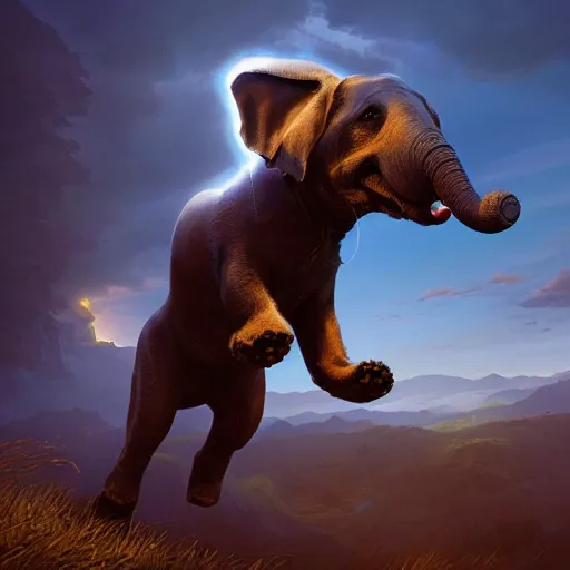 Prompt: dog jumps over hill, dog looks like elephant with trunk, intricate, epic lighting, cinematic composition, hyper realistic, 8 k resolution, unreal engine 5, by artgerm, tooth wu, dan mumford, beeple, wlop, rossdraws, james jean, marc simonetti, artstation