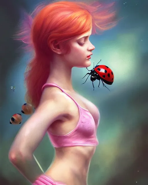 Prompt: cute female pixie holding pet ladybug, perfect face, thin wings, pink halter top, ginger hair, abs, cinematic, freckles, stunning, athletic, strong, agile, highly detailed, psychedelic, digital painting, artstation, smooth, hard focus, illustration, art by jessica rossier and and brian froud