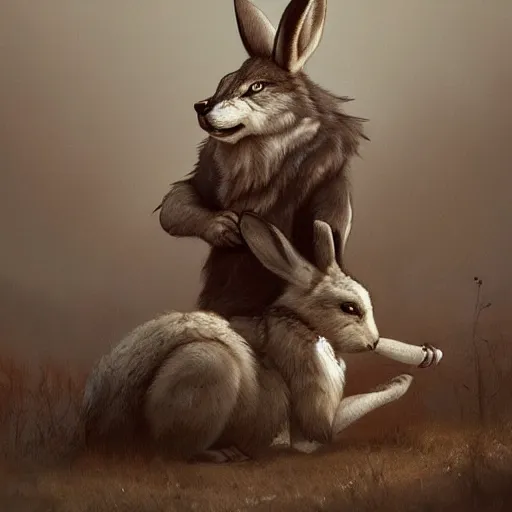 Prompt: A beautiful painting of an anthropomorphic wolf and rabbit. The rabbit has long rabbit ears on his head, and is sitting with his back to the wolf. The wolf's arms are wrapped around the rabbit's shoulders. Trending on artstation, greg rutkowski