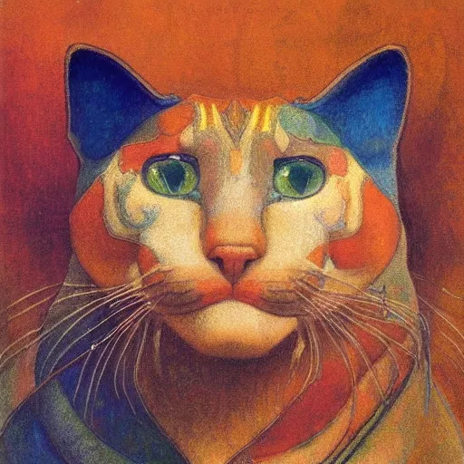 Image similar to cloisonne cat head, by annie swynnerton and diego rivera and nicholas roerich and jean delville, symbolist, dramatic lighting, god rays, art brut, rich colors, smooth, sharp focus, extremely detailed, adolf wolfli and ( donato giancola and bilibin )