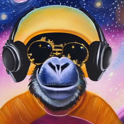 Image similar to a very detailed, 4 k painting of a monkey wearing golden headphones with shades looking up at the night sky filled with stars and galaxies