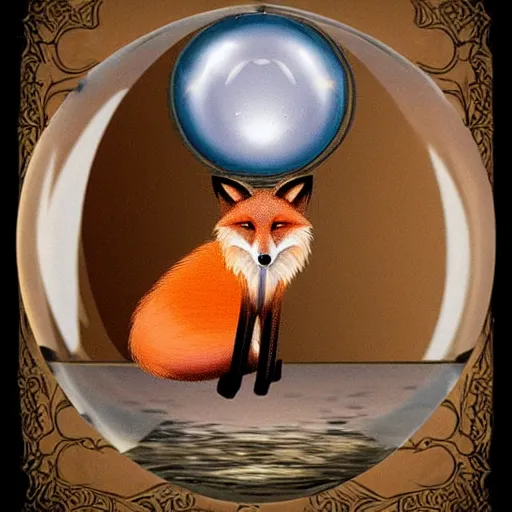 Image similar to anthropomorphous fox wearing gypsy clothing, looking into a magical crystal ball