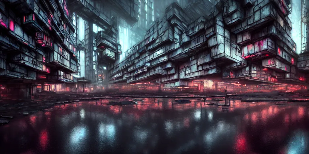 Image similar to concept art, octane render, a brooding, decrepit dystopian city, reflections, volumetric neon lighting, dramatic, white neon glow, 8 k, ultra - hd, insanely detailed and intricate, hypermaximalist, brutalist habitat 6 7, elegant, ornate, by gerald brom, by syd mead, akihiko yoshida, doug chiang, cinematic