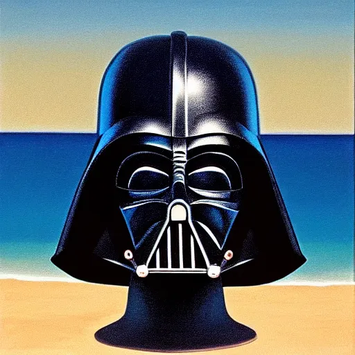 Image similar to portrait of darth vader at the beach, painting by rene magritte, high detail, high resolution