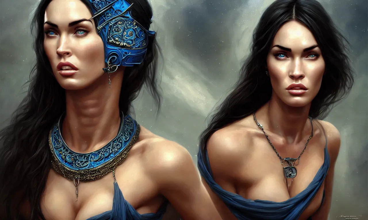 Image similar to ! dream portrait of megan fox blindfolded, muscular upper body, collar, greek, jewelry, blue dress, fantasy, intricate, elegant, highly detailed, digital painting, artstation, concept art, matte, sharp focus, illustration, art by aenaluck and roberto ferri and greg rutkowski, epic fantasy, digital painting